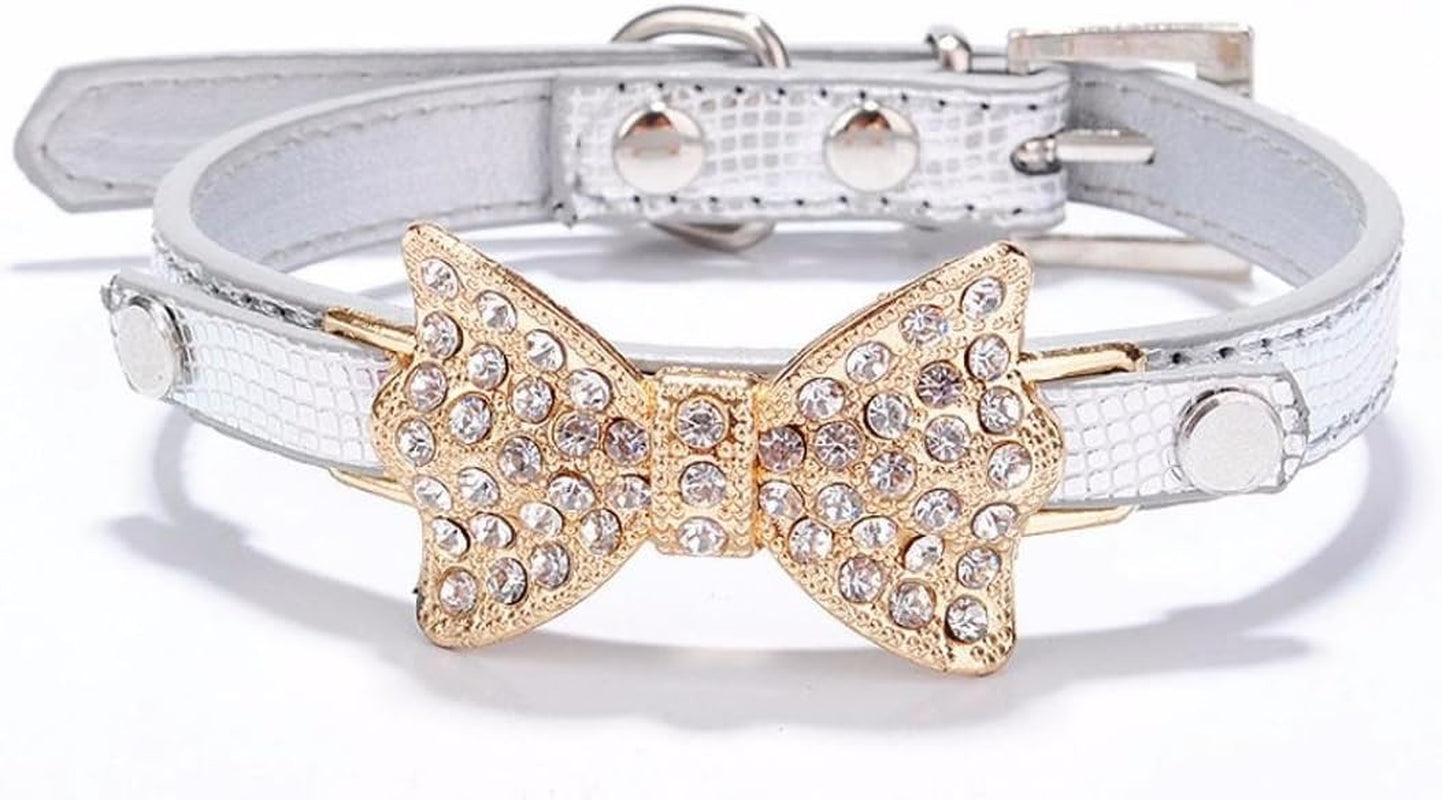 Pet Collars with Rhinestones Puppy Cat Collar Bling Bowknot for Dogs Female Girl (M/ 2Cm*42Cm, Silver)