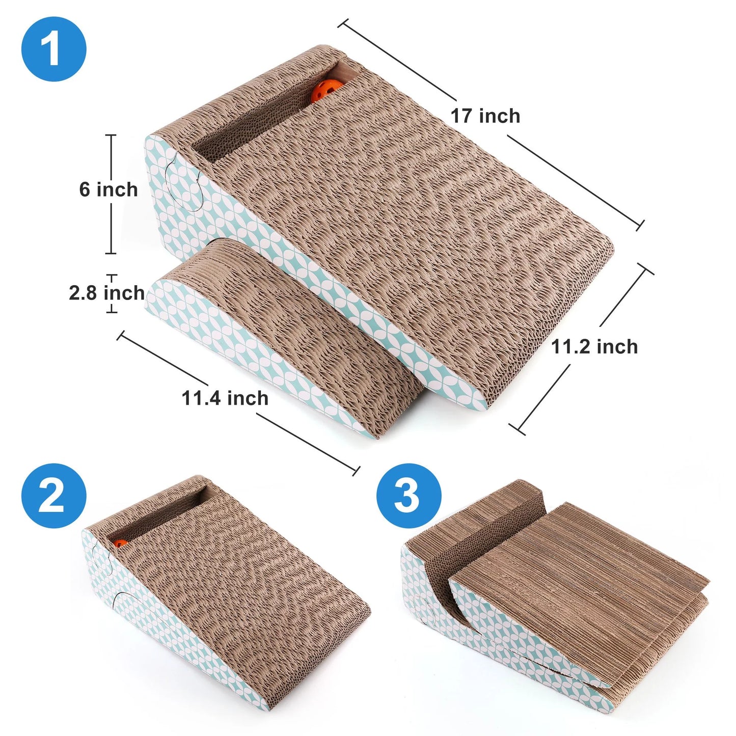 2-In-1 Cat Scratcher Cardboard, Corrugate Cat Scratch Pad with Ball Toy, Catnip, Removable
