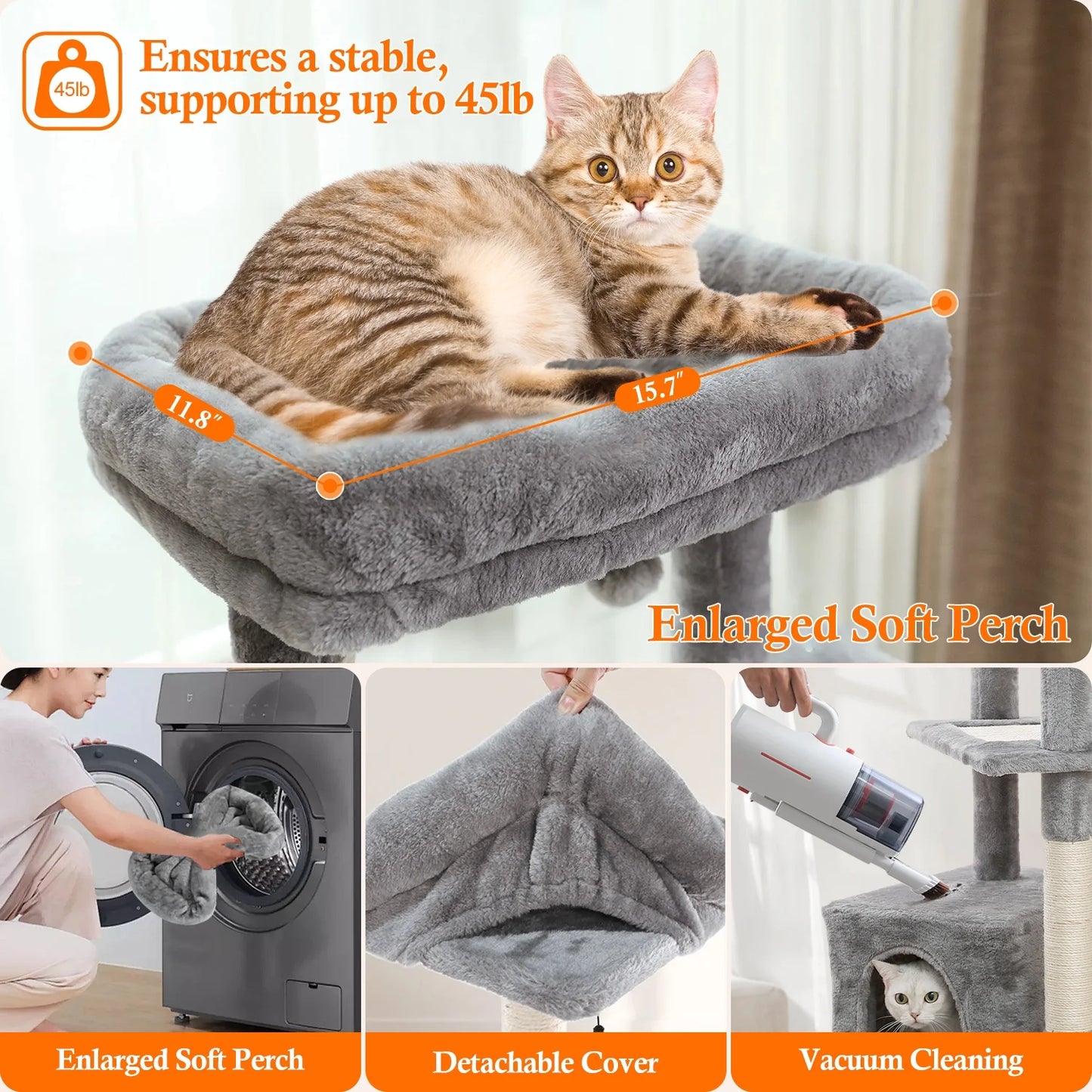 Cat Tree for Large Cats, Multi-Level Cat Tower with Sisal Covered Scratching Posts, Spacious Condo, Cozy Hammock and Plush Top Perch