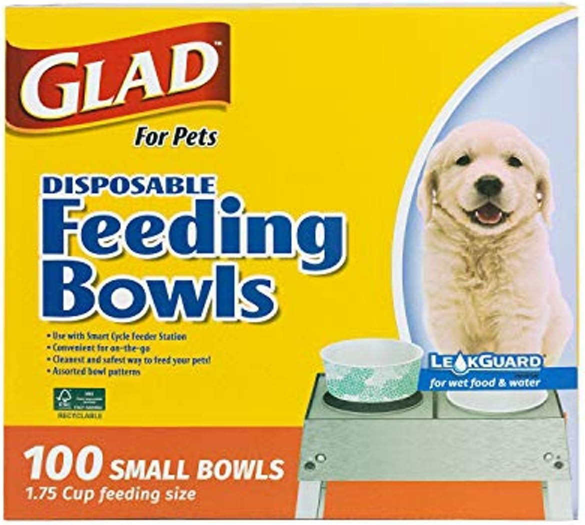 for Pets Disposable Feeding Bowls - Small Disposable Dog Bowls in Assorted Designs, 1.75 Cup Feeding Size, 100 Count, Great for Dry and Wet Dog Food or Water