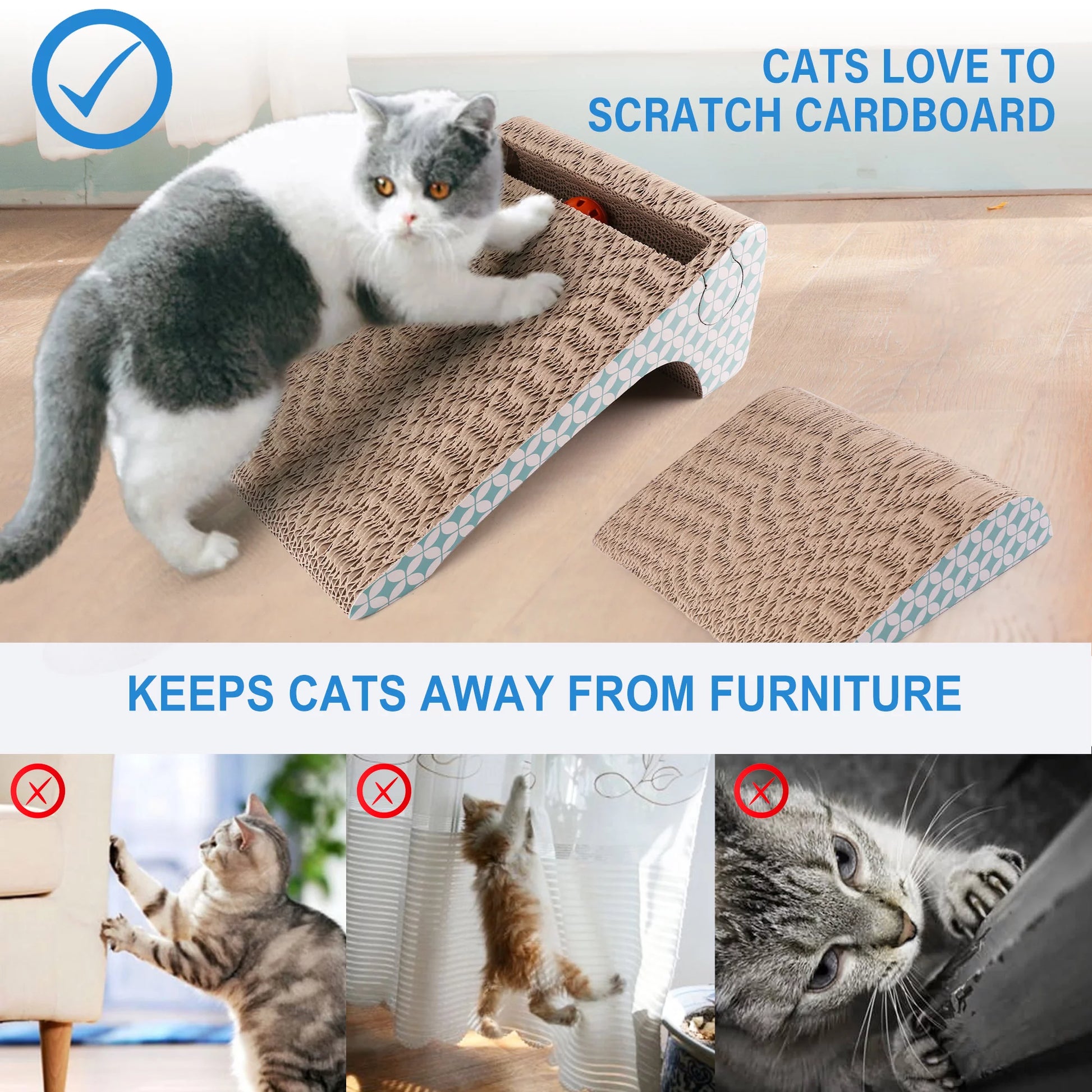 2-In-1 Cat Scratcher Cardboard, Corrugate Cat Scratch Pad with Ball Toy, Catnip, Removable