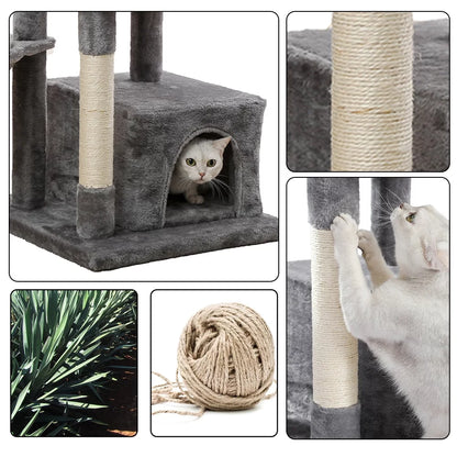 Cat Tree for Large Cats, Multi-Level Cat Tower with Sisal Covered Scratching Posts, Spacious Condo, Cozy Hammock and Plush Top Perch