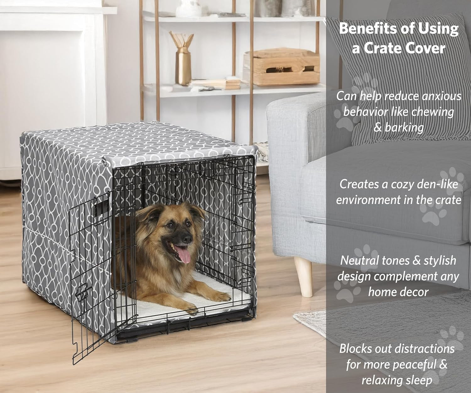 Dog Crate Cover with Teflon Fabric Protector, Poly-Cotton Privacy Kennel Cover Fits Most 36-Inch Crates, Gray Designer Print, Washable, Reduces Barking