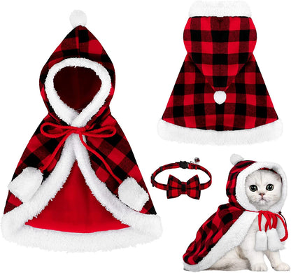 Christmas Cat Dog Costume Red Black Buffalo Plaid Pet Santa Cape with Xmas Hat Cat Collars with Bell and Bowtie Cats Cloak Pet Costume for Party Cosplay Christmas Pets Dress up (Medium)